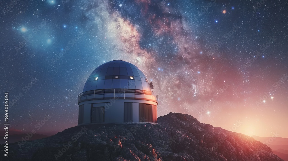 Observatory with automatic bearing and platform rotation, set against distant stars and galaxies, high altitude, detailed and scientific Observatory with automatic bearing and platform rotation, set against distant stars and galaxies, high altitude, detailed and scientific