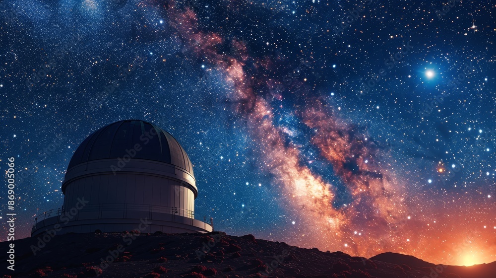 Observatory with automatic bearing and platform rotation, set against distant stars and galaxies, high altitude, detailed and scientific Observatory with automatic bearing and platform rotation, set against distant stars and galaxies, high altitude, detailed and scientific