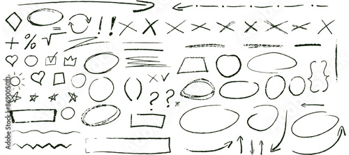 Black underline pencil hand drawn various ellipses, punctuation marks, direction pointers, arrows, stars, question mark and exclamation point. Vector grunge black strike through and underline element.