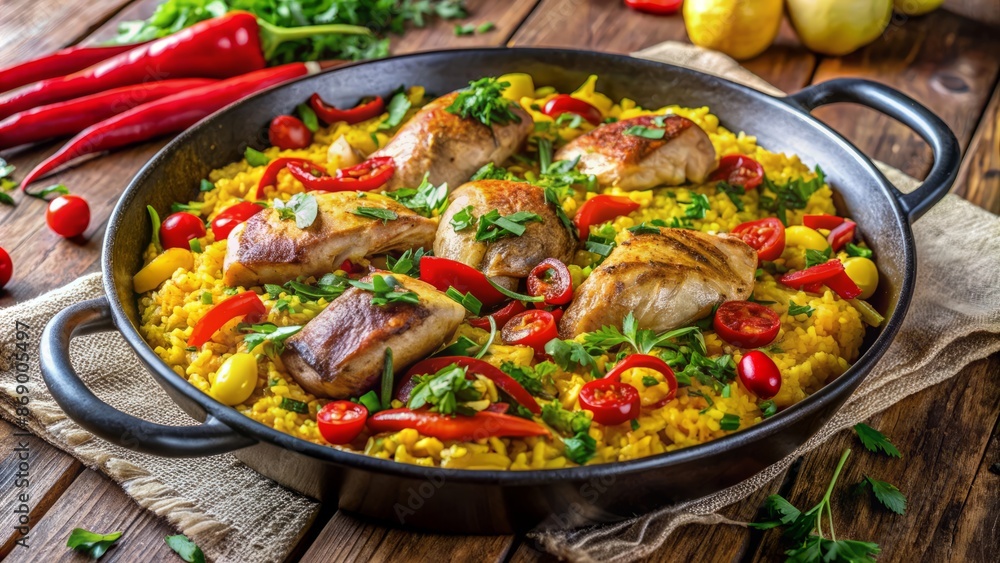 Vibrant Spanish-inspired dish with succulent chicken, colorful bell peppers, onions, and savory saffron-infused rice, perfectly arranged in a large skillet. Vibrant Spanish-inspired dish with succulent chicken, colorful bell peppers, onions, and savory saffron-infused rice, perfectly arranged in a large skillet.