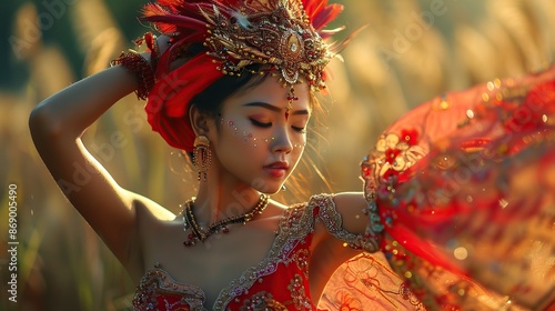 a beautiful young female artist from Indonesia is dancing regionally photo