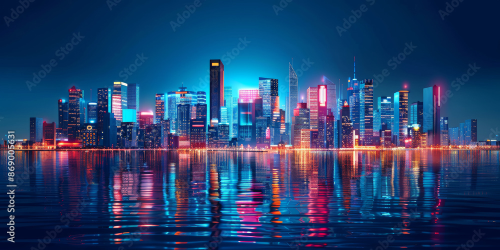 Fototapeta premium A city skyline is reflected in the water