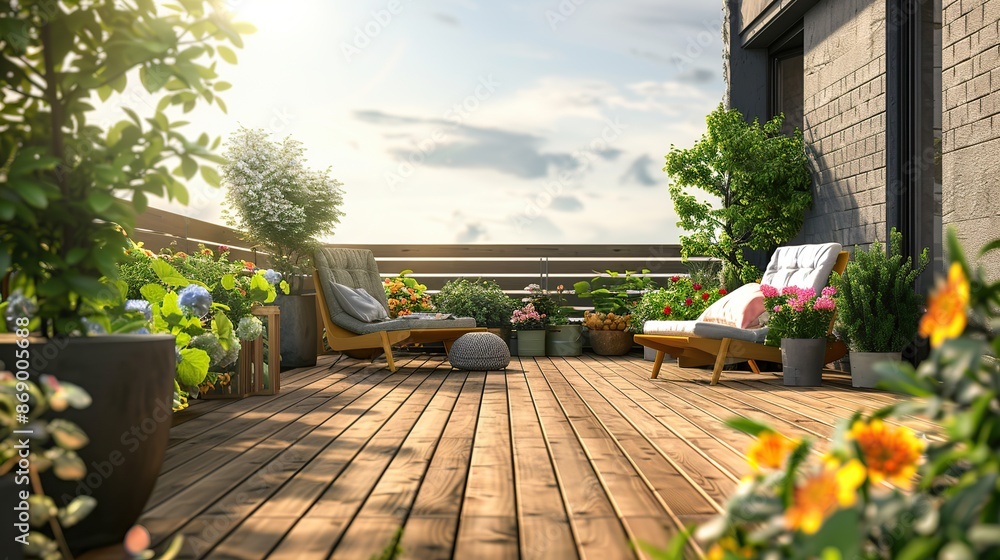 Obraz premium Beautiful of modern terrace with wood deck flooring, green potted flowers plants and outdoors furniture. Cozy relaxing area at home back yard. copy space for text.