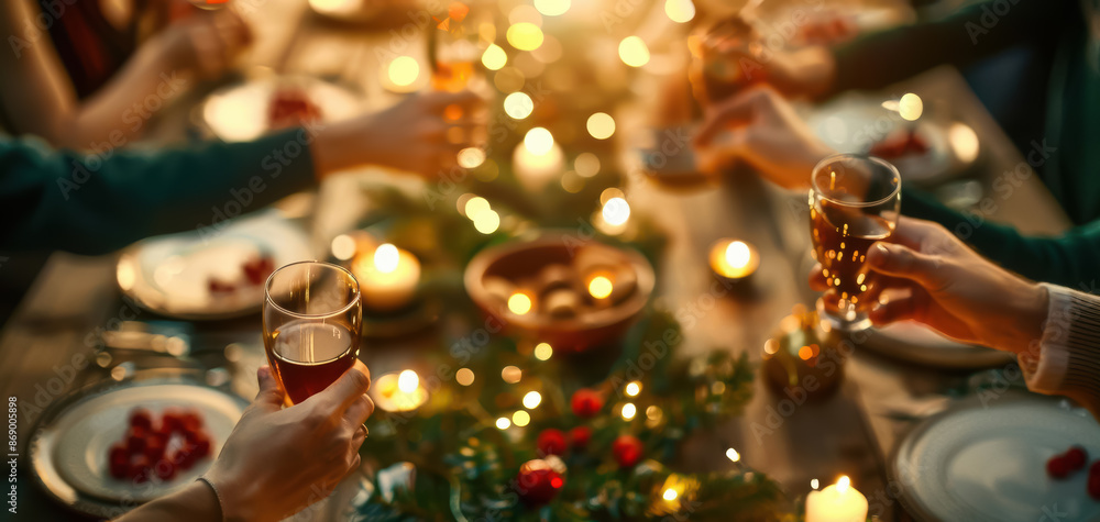 A large family gathered around a festive table, sharing a meal and celebrating their reunion during the holidays A large family gathered around a festive table, sharing a meal and celebrating their reunion during the holidays