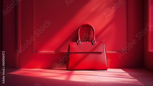 Close up of stylish red handbag on red interior background