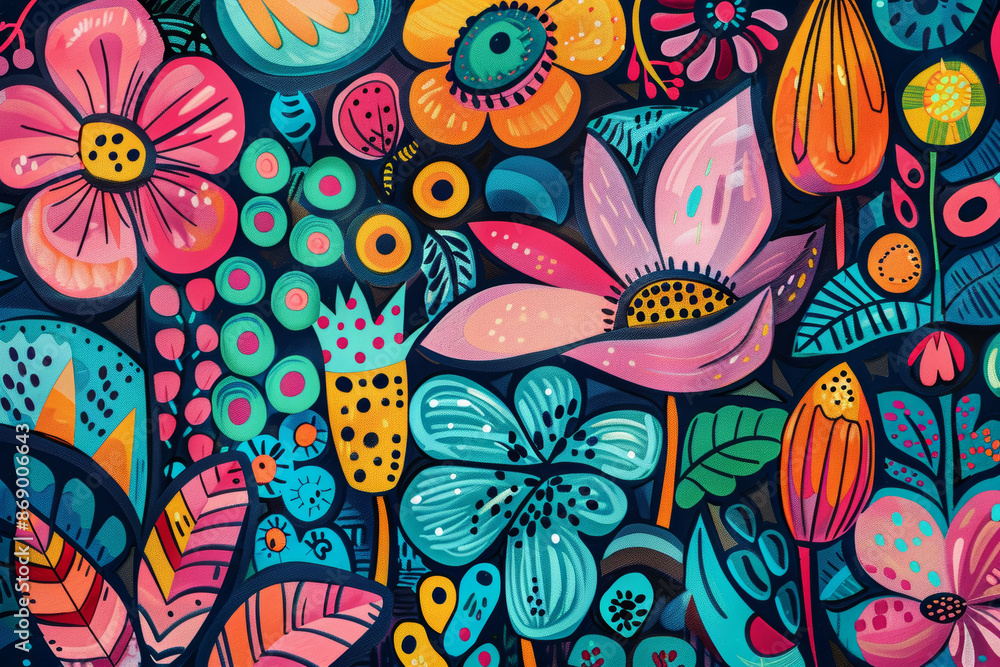 A colorful painting of flowers and leaves with a bright and cheerful mood A colorful painting of flowers and leaves with a bright and cheerful mood