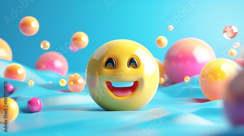 Glowing emoji balls with a range of expressions including happy, sad, and angry, on a yellow and white background with empty space for copy. with heart shape texture 







