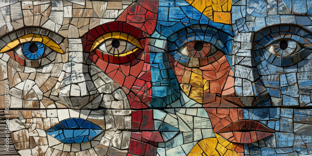The is a mosaic of three faces, each with different colored eyes The is a mosaic of three faces, each with different colored eyes