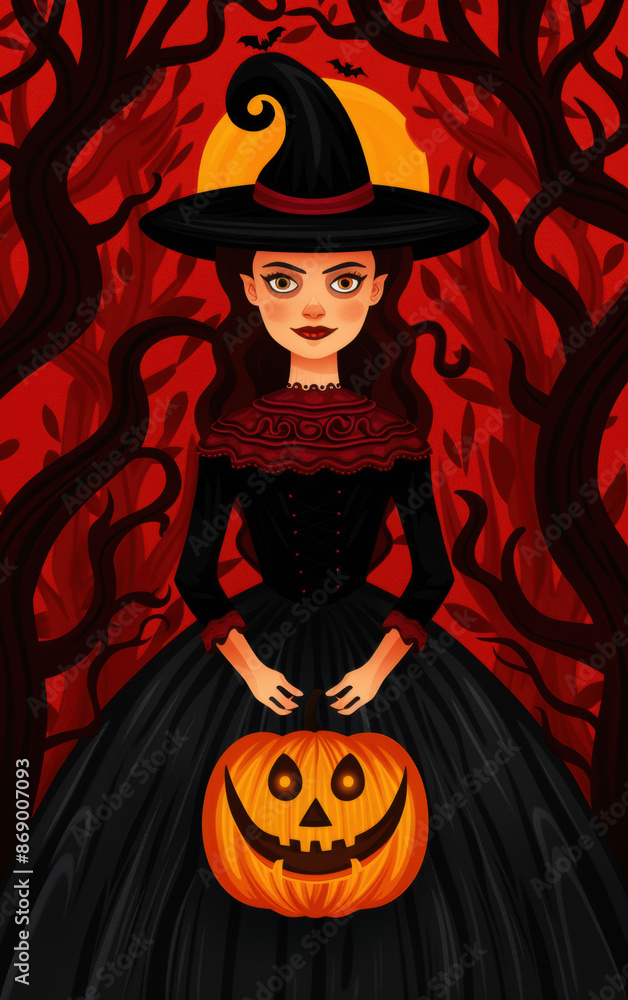 A woman in a witch costume holding a pumpkin A woman in a witch costume holding a pumpkin