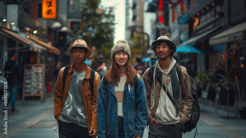 Diverse Group of friends Walking Together in Urban Setting with Confidence and Connection to Camera © rahuth
