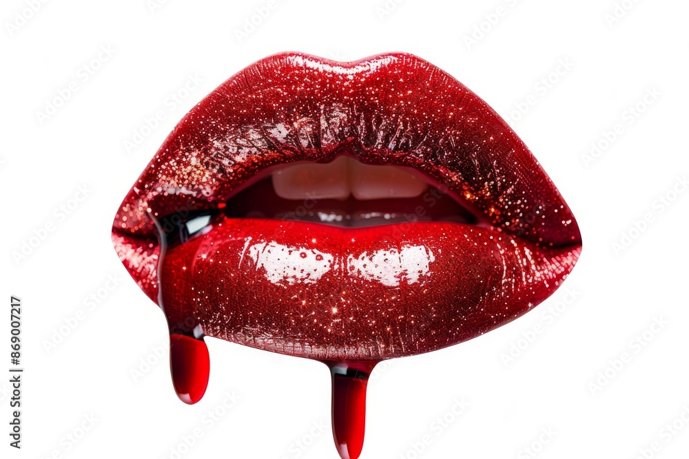 Sexy lips with glossy red lipstick and metallic glitter effect, white background Sexy lips with glossy red lipstick and metallic glitter effect, white background