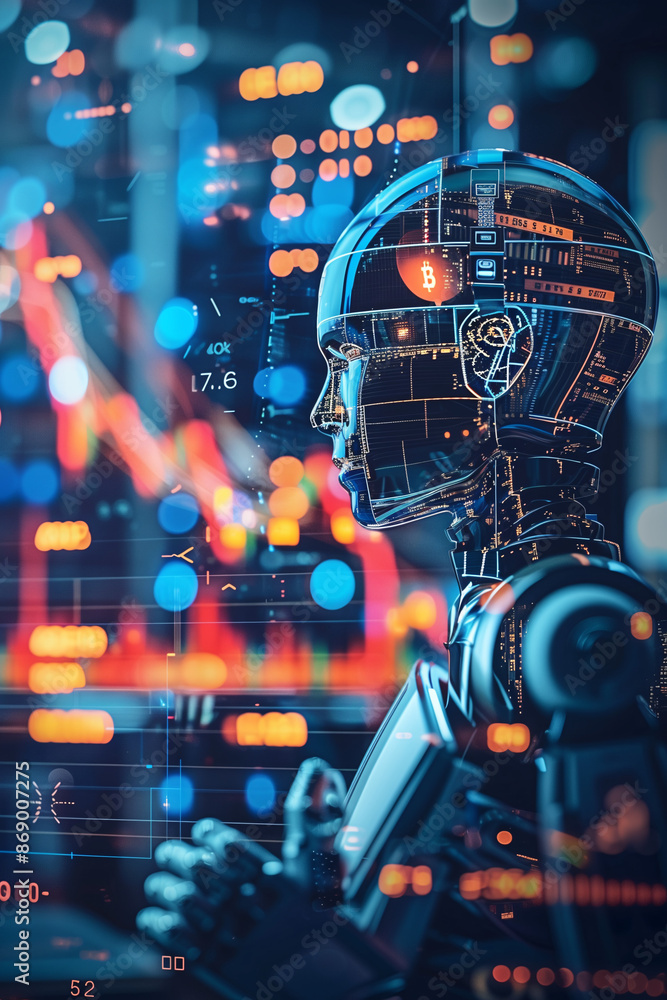AI and Cryptocurrency: An AI-powered trading bot analyzing cryptocurrency markets, with streams of data and charts in a high-tech environment AI and Cryptocurrency: An AI-powered trading bot analyzing cryptocurrency markets, with streams of data and charts in a high-tech environment