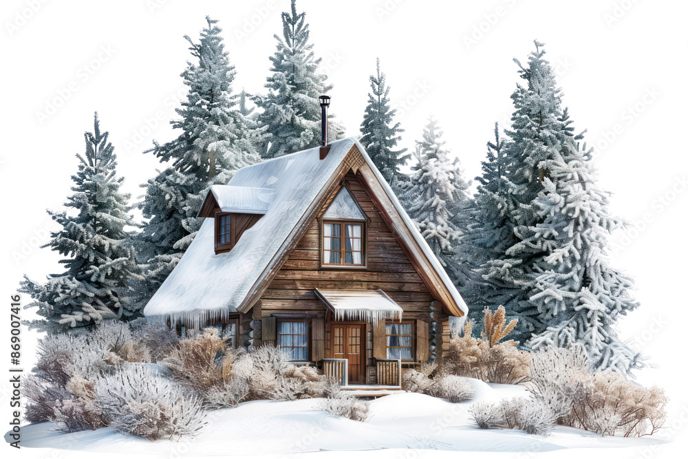 Charming cabin surrounded by snowy trees and bushes in a serene winter landscape, capturing the peaceful essence of the season. Charming cabin surrounded by snowy trees and bushes in a serene winter landscape, capturing the peaceful essence of the season.