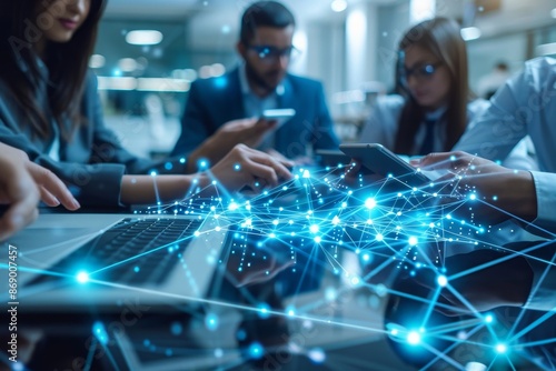 young business people meeting office teamwork group network wireless internet tablet smartphone mobile phone connection technology laptop computer together, Generative AI