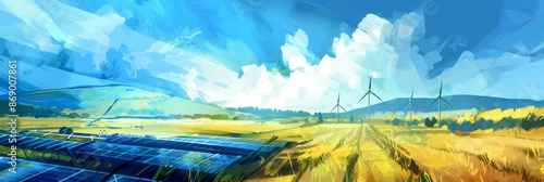 Panel kuchenny z motywem A painting of a field with a wind farm in the background