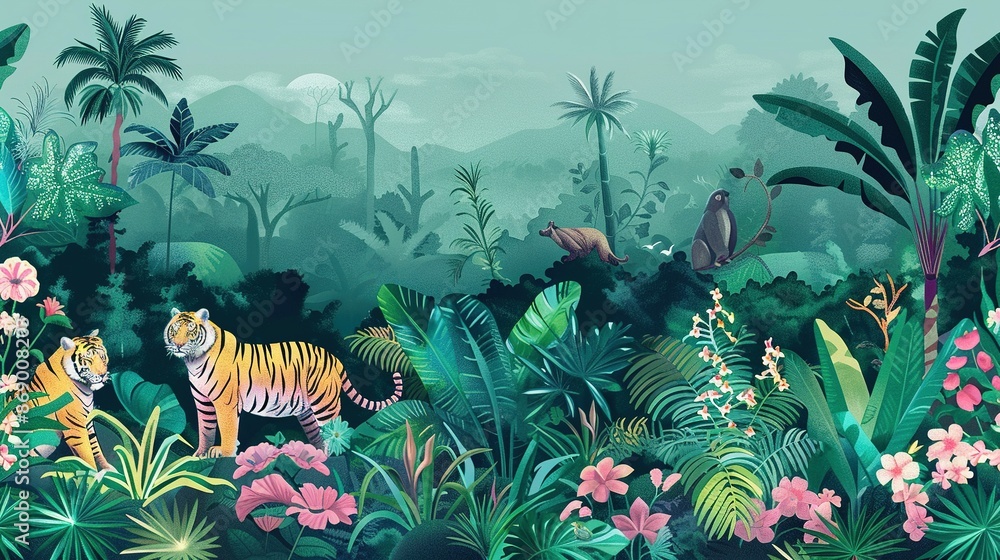 Décoration de table avec Tropical Jungle Illustration: Exotic Floral Background, Palm Trees, Plants, and Wild Animals #869008203