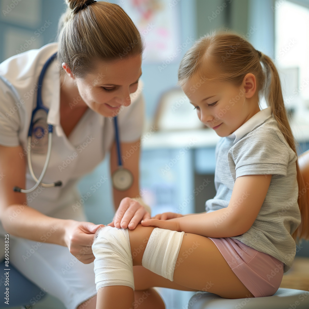 Fototapeta premium Image of medical professional gently bandaging a child patient, a procedure often performed after a minor injury or surgery to protect and promote healing, medical clinic or first aid.