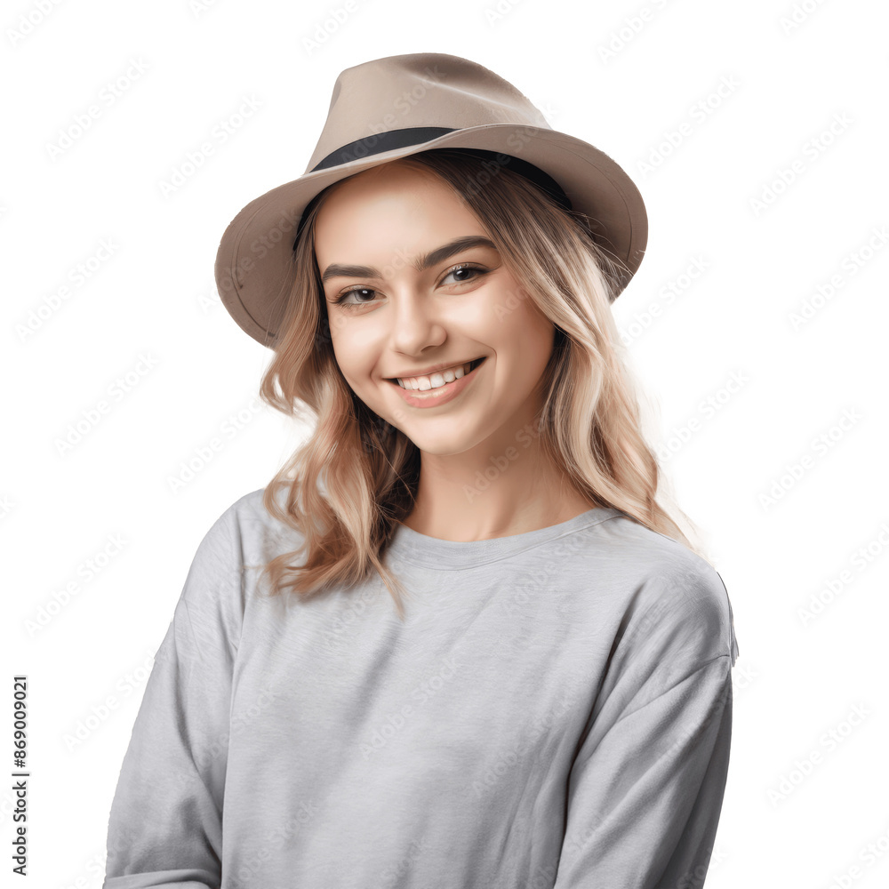 portrait of a woman in a hat and t-shirt isolated on transparent background portrait of a woman in a hat and t-shirt isolated on transparent background