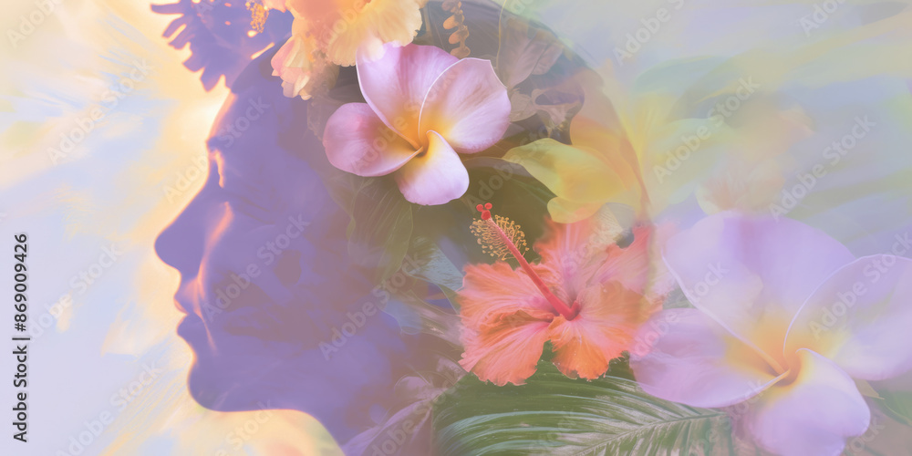Double Exposure of Woman's Silhouette with Tropical Flowers and Leaves Double Exposure of Woman's Silhouette with Tropical Flowers and Leaves