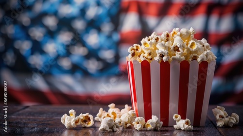 Patriotic Popcorn with American Flag Background A box of popcorn with red and white stripes in focus, set against a blurred American flag background, evoking a sense of national pride