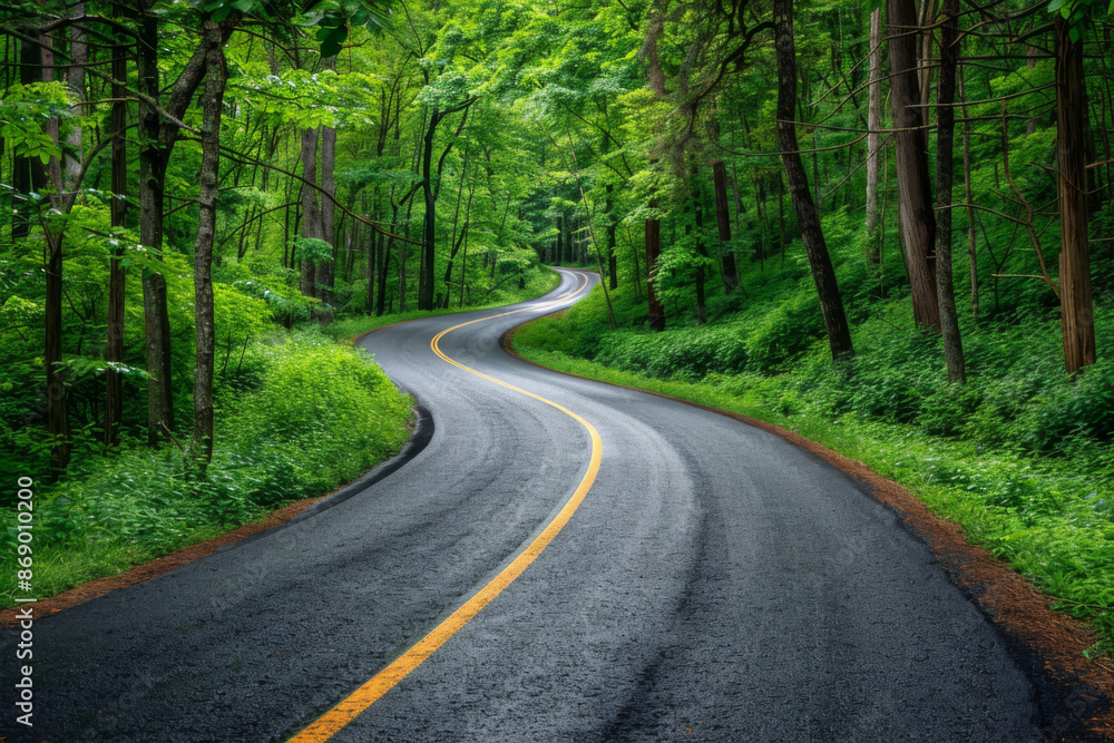 Winding Road Through a Lush Green Forest Winding Road Through a Lush Green Forest
