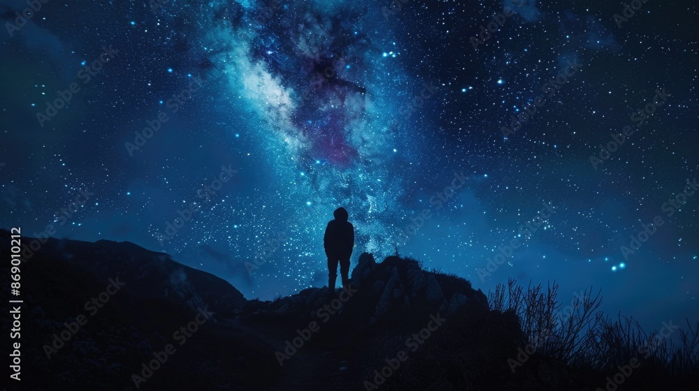 Person Standing on Mountain Under Night Sky Person Standing on Mountain Under Night Sky