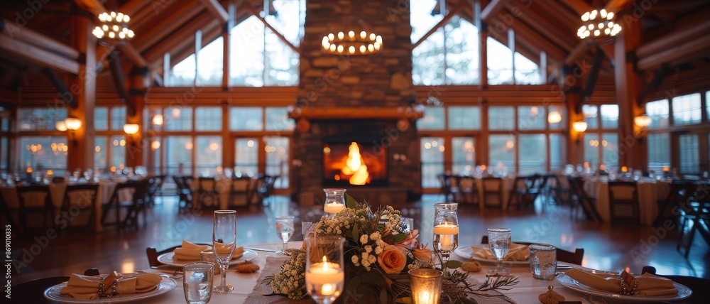 Cozy wedding reception hall with a warm fireplace, elegant table settings, and romantic lighting, perfect for an intimate celebration. Cozy wedding reception hall with a warm fireplace, elegant table settings, and romantic lighting, perfect for an intimate celebration.