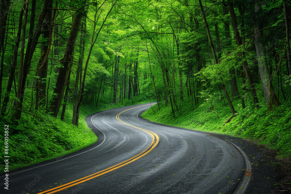 Winding Road Through Lush Green Forest Winding Road Through Lush Green Forest