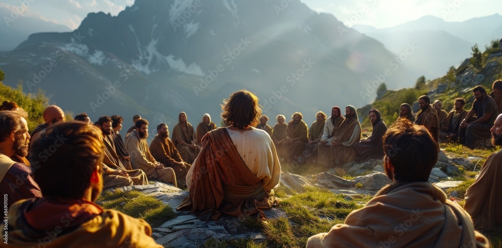 A group of people are gathered in a field. Jesus teaching on a ...