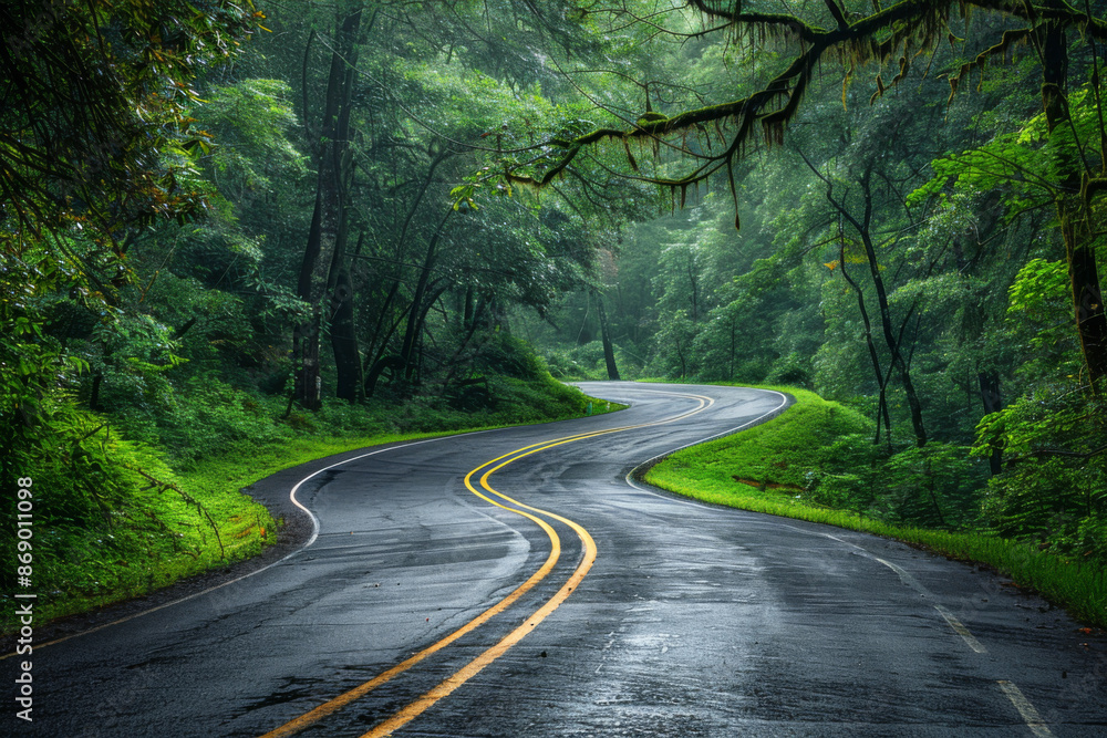 Fototapeta premium Winding Road Through Lush Green Forest