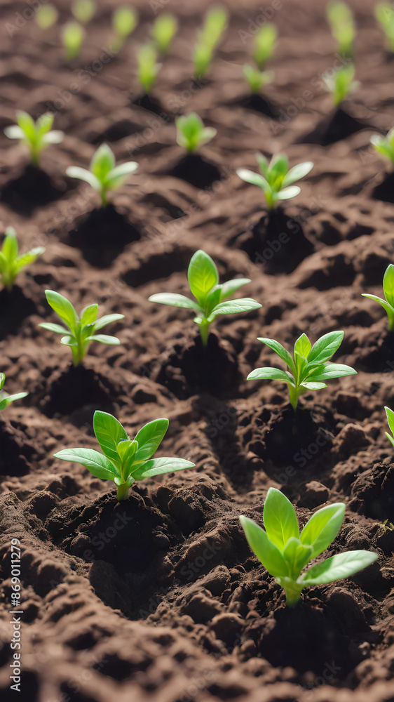 Close up of tiny green seedlings sprouting in the ground Close up of tiny green seedlings sprouting in the ground