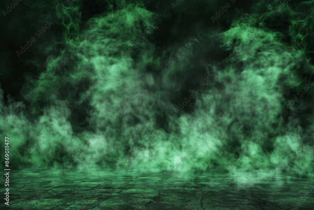 Mysterious green fog over dark cobblestone surface