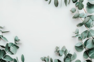 Fresh eucalyptus leaves border on white background
