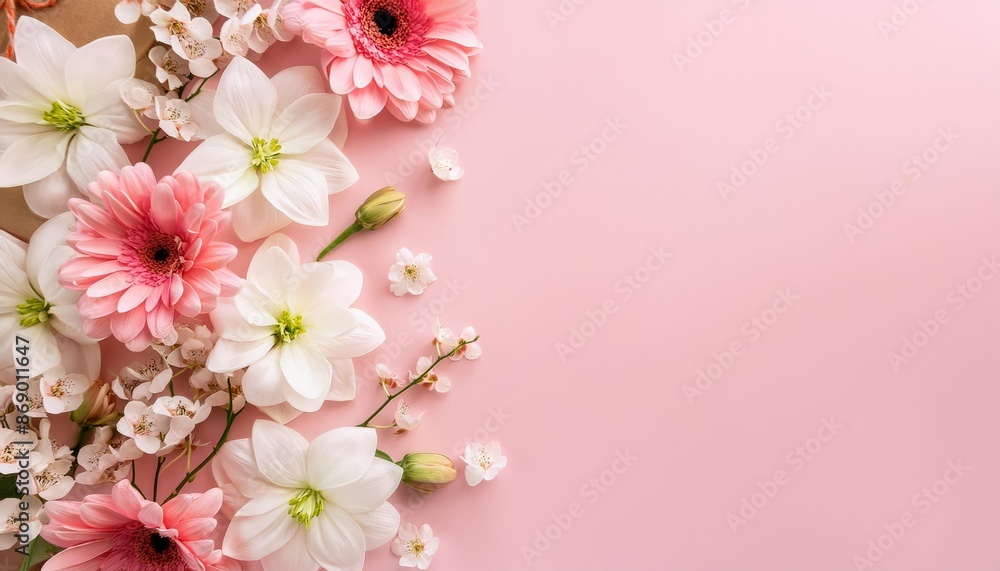 Beautiful Pink and White Flowers on Light Pink Background Beautiful Pink and White Flowers on Light Pink Background