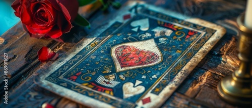 Vintage playing card with heart design on wooden table, surrounded by a red rose and candles, creating a romantic atmosphere.