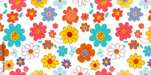 Floral seamless pattern with colorful daisies on a white background. Vector illustration of retro groovy flowers in the flat style. Colorful flower cartoon