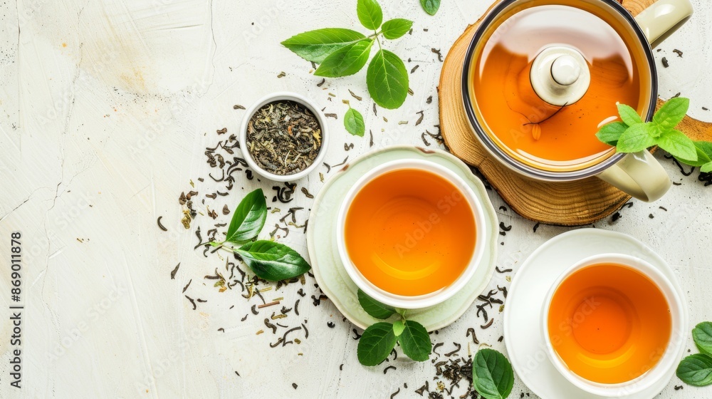 Herbal tea assortment with fresh mint on rustic table Herbal tea assortment with fresh mint on rustic table
