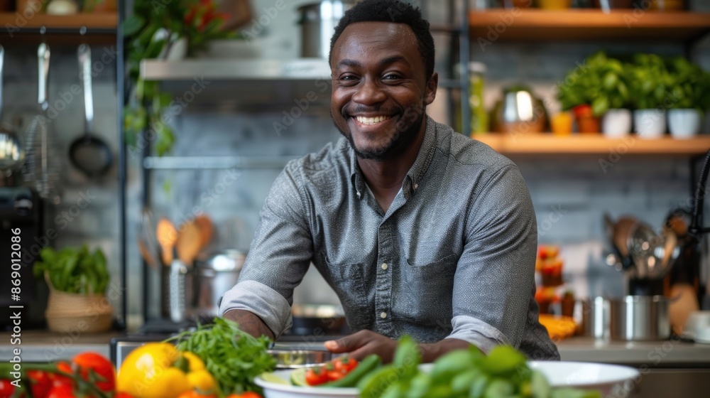 Fototapeta premium A man is smiling in front of a table full of vegetables. He is wearing a grey shirt and he is happy