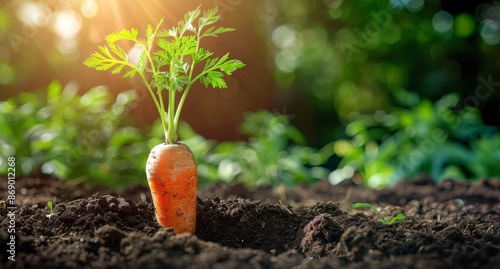 A Single Carrot Plant Growing in Rich Soil on a Sunny Day