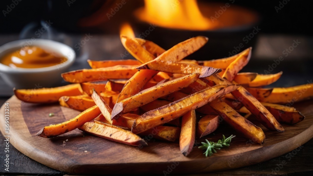 Elegant Serving of Crispy Fried Sweet Potato Fries with Artisanal Dipping Sauces Elegant Serving of Crispy Fried Sweet Potato Fries with Artisanal Dipping Sauces
