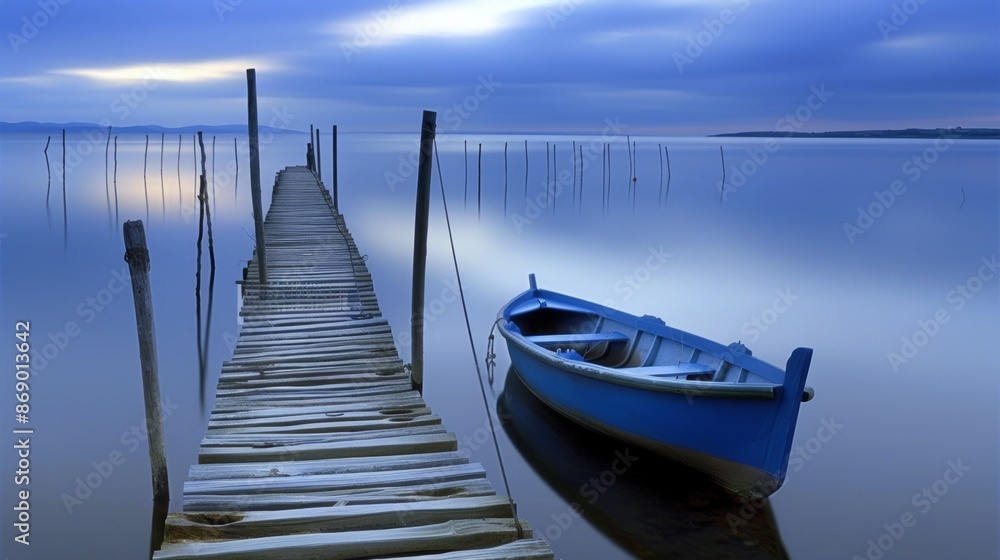 Fototapeta premium Serene lakeside twilight with rustic wooden pier and anchored boat