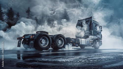 Obraz na płótnie Truck chassis and wheels on a smoke road very detailed and realistic shape w salonie