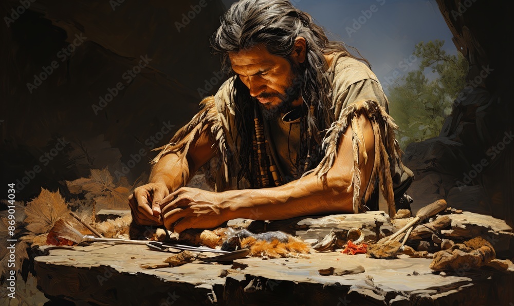 Native American Man Crafting a Traditional Item Native American Man Crafting a Traditional Item