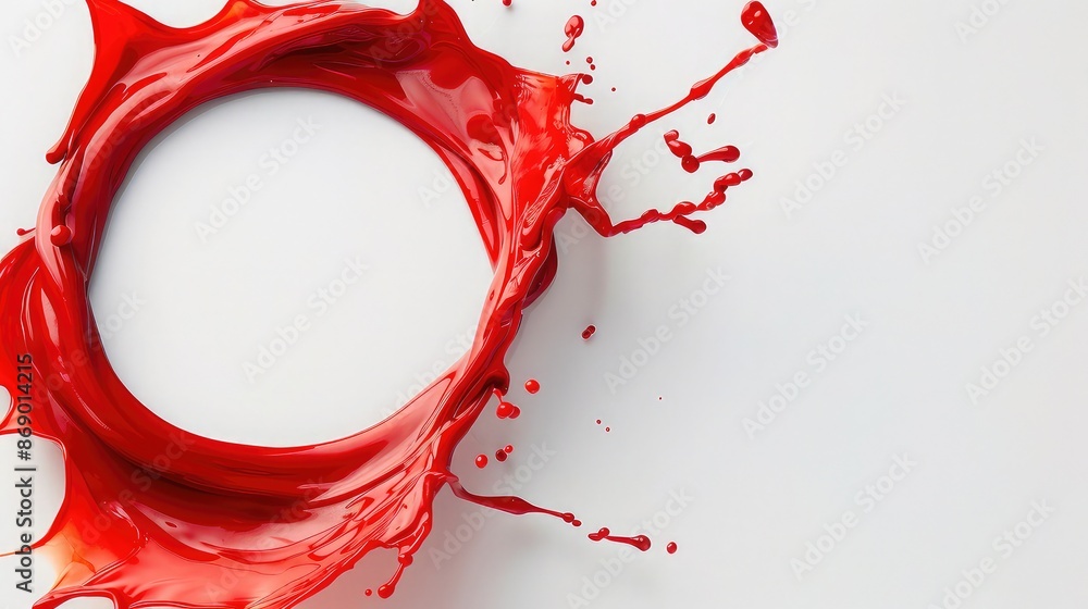 Obraz premium An isolated splash of bright red paint, forming a dynamic, swirling circle, each droplet suspended against a clean white backdrop