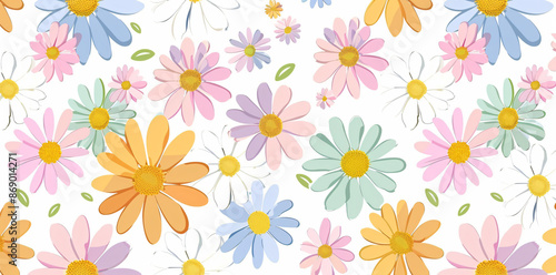 Floral seamless pattern with colorful daisies on a white background. Vector illustration of retro groovy flowers in the flat style. Colorful flower cartoon