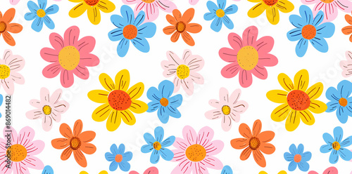 Floral seamless pattern with colorful daisies on a white background. Vector illustration of retro groovy flowers in the flat style. Colorful flower cartoon