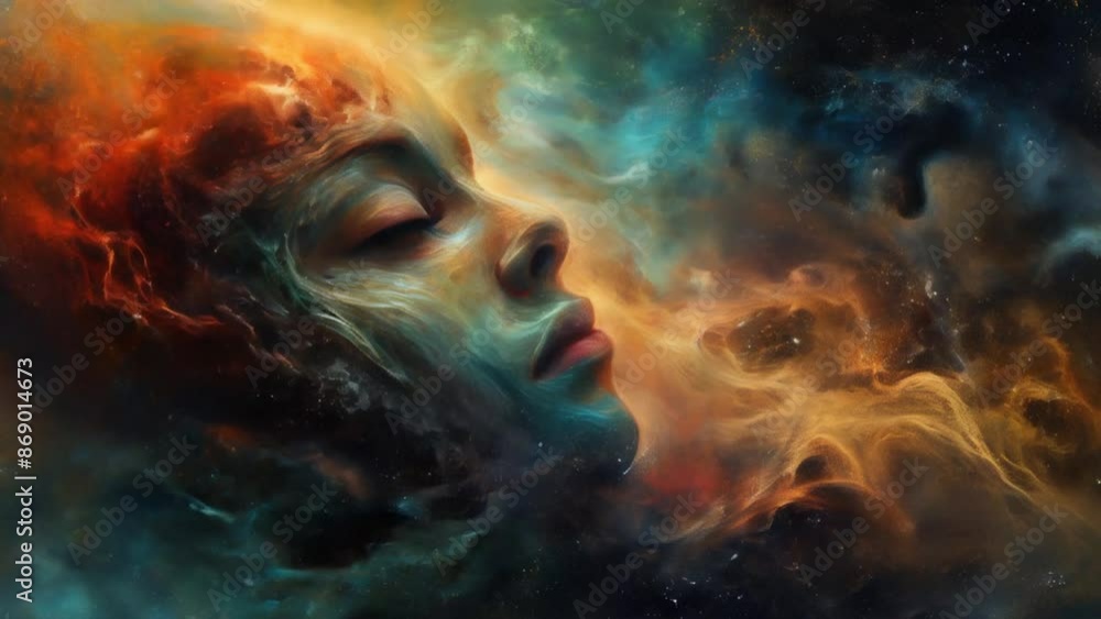 A Woman's Face Surrounded by Fiery Energy Floating in Outer Space A Woman's Face Surrounded by Fiery Energy Floating in Outer Space