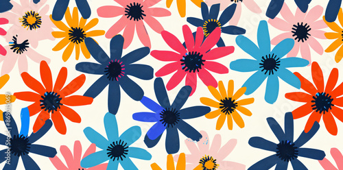Floral seamless pattern with colorful daisies on a white background. Vector illustration of retro groovy flowers in the flat style. Colorful flower cartoon