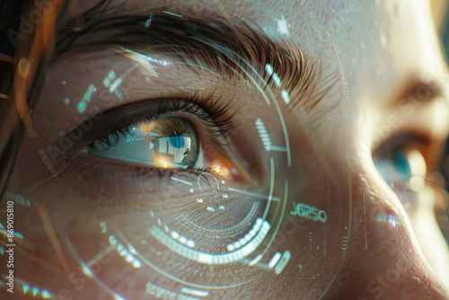 Young woman with iris scanning, close-up, futuristic technology photo