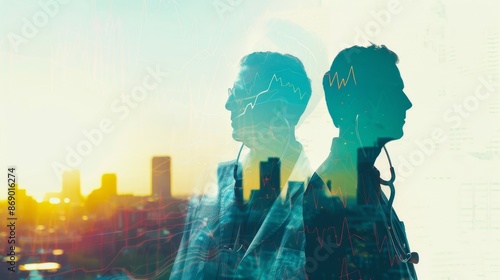 Two doctors in silhouette stand side-by-side, looking out over a city skyline at sunset. A subtle double exposure effect overlays a heartbeat graph onto the image